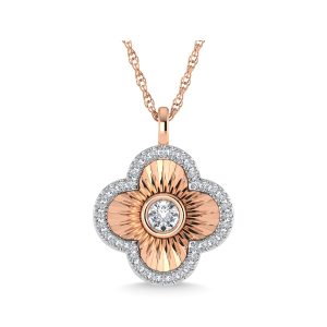 This four leaf clover pendant has a textured finish and is crafted with 14k rose gold. There are a total of 41 round cut diamonds, 3/8 ct tw. The chain is adjustable up to 18 inches in length.