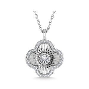 This four leaf clover pendant has a textured finish and is crafted with 14k white gold. There are a total of 41 round cut diamonds, 3/8 ct tw. The chain is adjustable up to 18 inches in length.