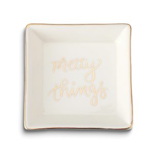 White with Gold-tone PRETTY THINGS Square Ceramic Trinket Dish