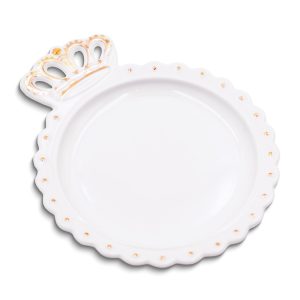 White and Gold-tone Crown Ceramic Circle Trinket Dish