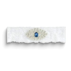 White Lace with Blue and White Rhinestone Wedding Garter